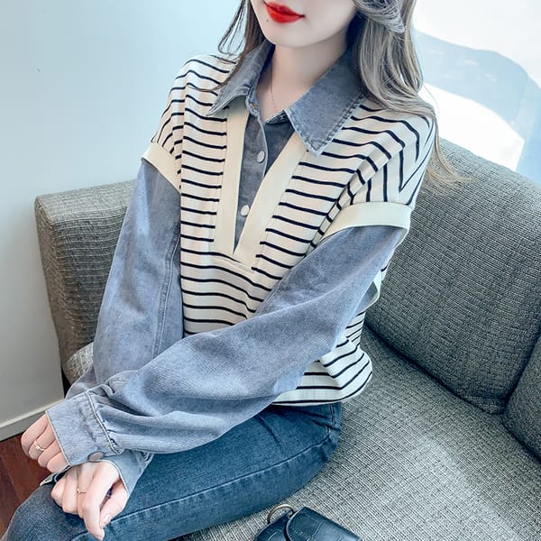 Fashion Female Denim Spliced Striped Fake Two Piece Women Hoodies Tops 2023 Autumn Women's Clothing Polo-Neck Casual Sweatshirts