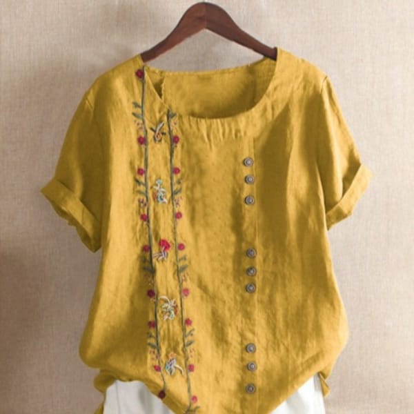 Women's Cotton And Linen Embroidered T-shirt, Round Neck, Short-sleeved, Loose Top, Ethnic Style Casual Cotton And Linen Shirt