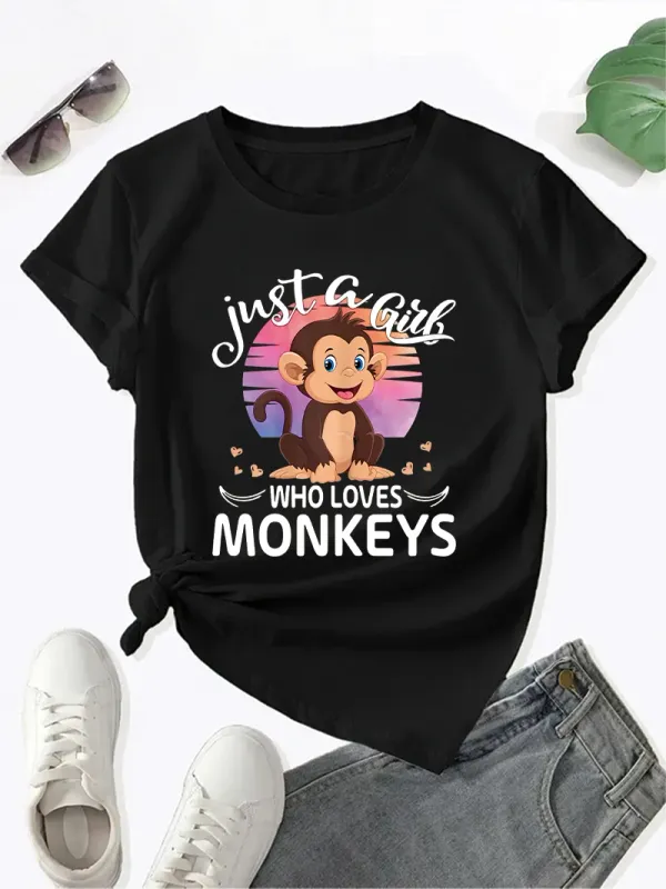 Y2k Short Sleeves Summer Loose T-shirt Just A Girl Who Loves Monkeys Graphic Print  Crew Neck Casual Top  Women's Clothing Tees