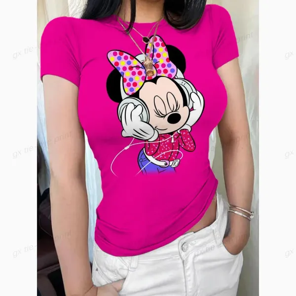 Basic Short Sleeve Women's T-shirt Disney Mickey Mouse Print Flower Top T-shirt Women's Fashion Korean T-shirt O-Neck Tight Top