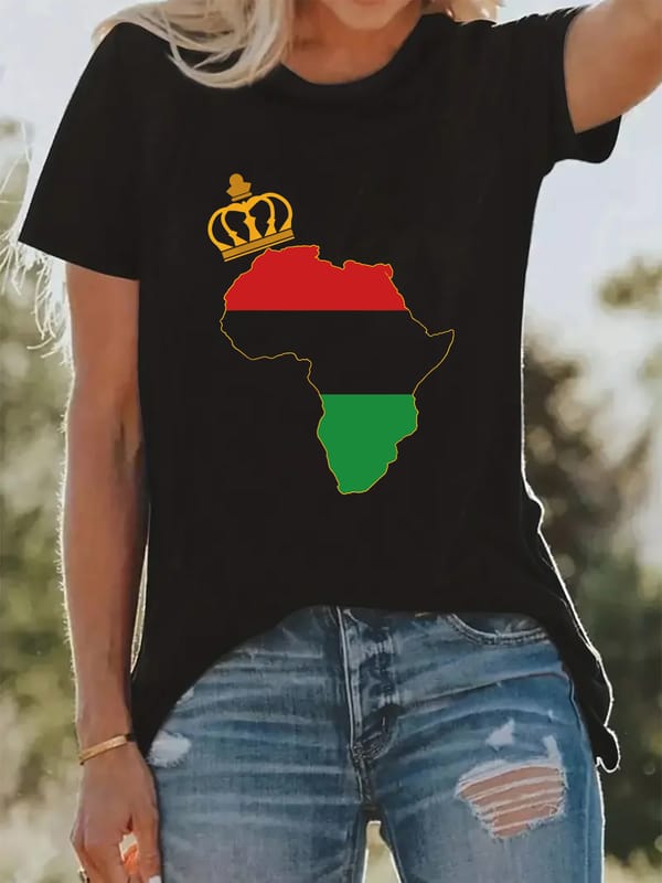 2024 African Map and Crown Women's Printed T-Shirt Summer Short Sleeved Fashion Round Neck Top Creativity