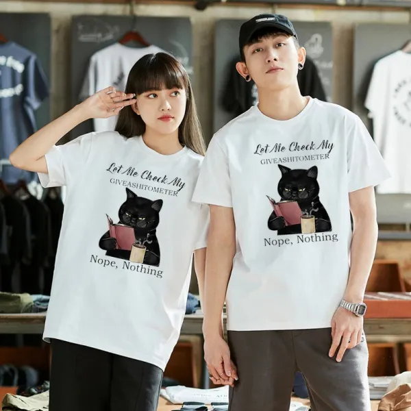 Casual Unisex Tops Tee Funny Black Cat Let Me Check My Giveashitometer Nope Nothing Summer Women's Novelty T-Shirt