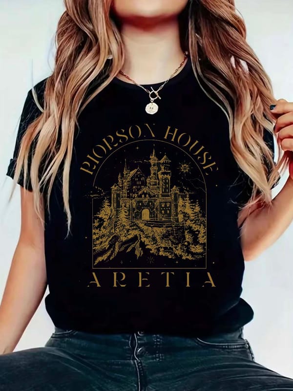 Watercolor Style Trendy Women's Printed Top T-Shirt Short Sleeved Fun Castle Printed Pattern T-Shirt Women's Clothing T-Shirt.