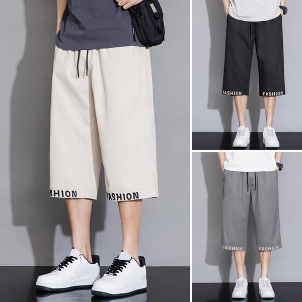 Men Cropped Pants Stylish Men's Cropped Pants with Elastic Waistband Drawstring for Comfortable Wear Featuring Letter Embroidery