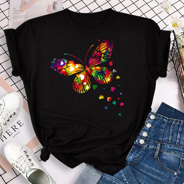 American Vintage Sweet Cool Short Sleeve T-Shirt Women's Vintage Premium Butterfly Print T-Shirt Loose Round Neck Top Summer