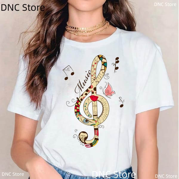 Music Characters Music Themes Graphic Prints Women'S T-Shirts Fashiona Harajuku Women'S Clothing O-Neck White Shirt Femme Top