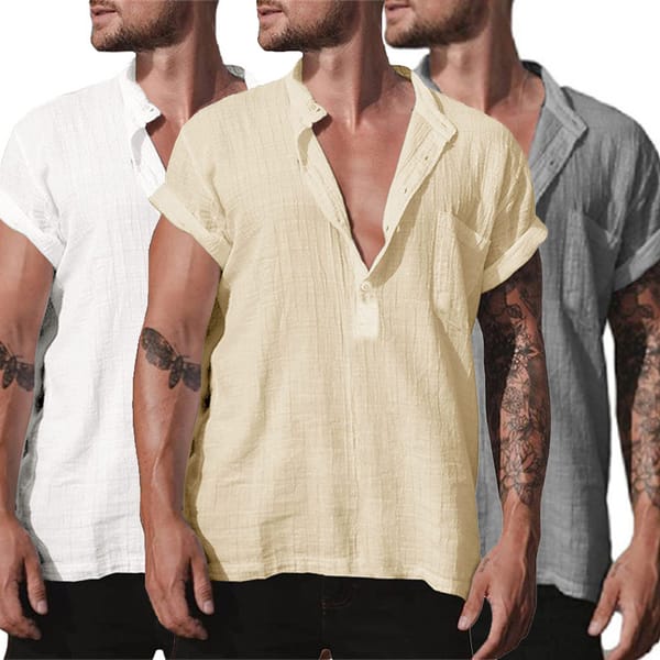 2023 New Men's Standing Collar Cotton Linen Short Sleeved Shirt Men's Designer Clothes Popular Tops for Men