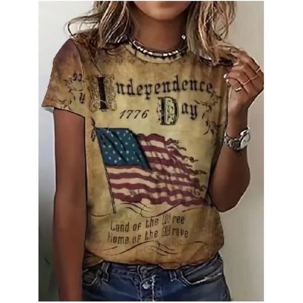 Women's T-Shirt American Retro Print Harajuku Simple Round Neck Short Sleeved Top Fashionable Trend Plus Size Women's Clothing