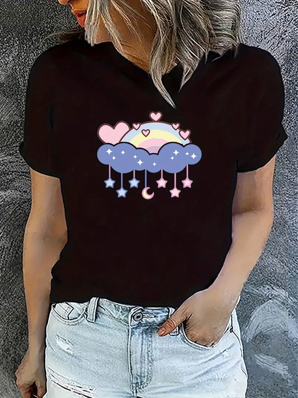 Rainbow Graphic Print Round Neck Sports T-shirt, Short Sleeve Running Casual Top, Women's Activewear