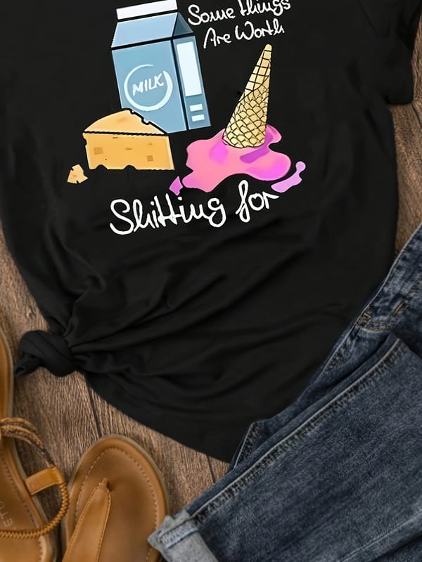Ice Cream Print Crew Neck T-Shirt, Casual Short Sleeve T-Shirt For Spring & Summer, Women's Clothing