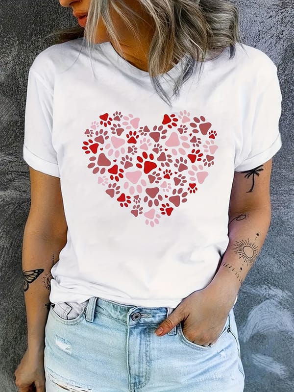 Heart Print T-shirt, Short Sleeve Crew Neck Casual Top For Summer & Spring, Women's Clothing