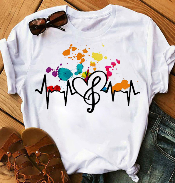 Color Musical Note Women's Top Musical Note ECG Women's Summer T-shirt Fashion Women's Round Neck White T-shirt
