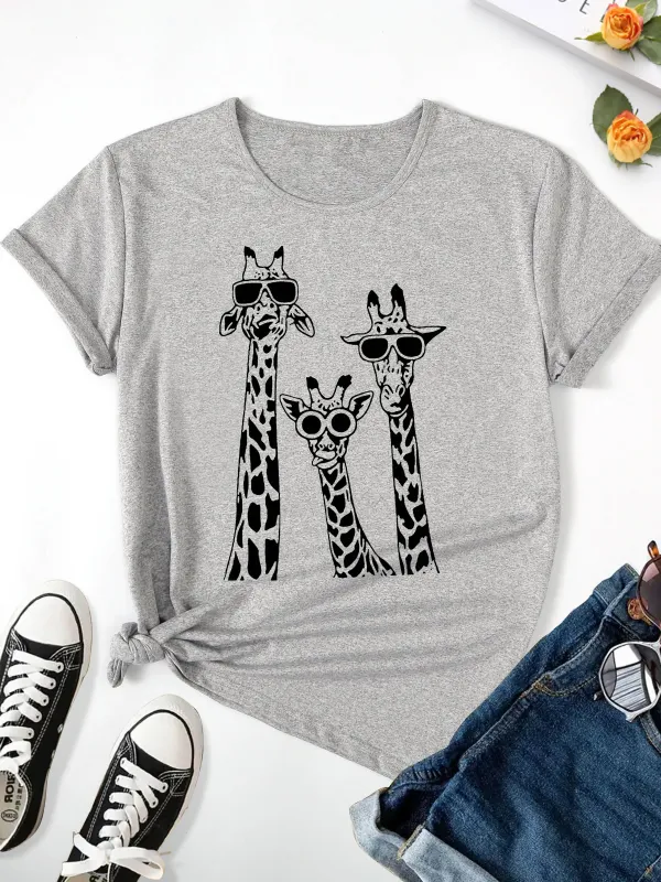 Y2k Short Sleeves Summer Loose T-shirt 2024 New Cute Giraffe Print T-shirt, Casual Crew Neck Top  Summer Women's Clothing Tee