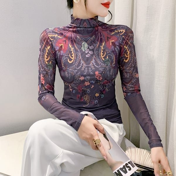 2023 New Fall Winter European Style Mesh T-Shirt Fashion Sexy Turtleneck Print Women's Tops Long Sleeve Casual S-4XL Tees 39258