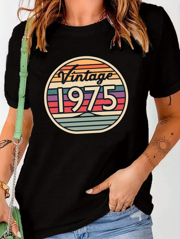 Throwback Vintage 1975 Print Tees Casual Short Sleeve Crew Neck T-Shirt For Spring  Summer Women's Clothing