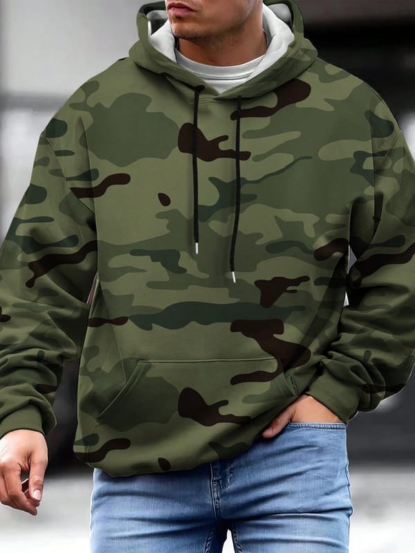 Fashion Trend Men's Camo Print Pocket Drawstring Hot Hoodie Fall/Winter Comfortable Breathable Sports Long Sleeves