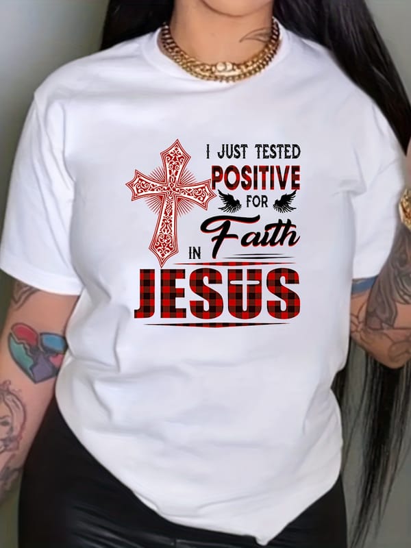 Cross & Letter Print Short Sleeve Active Top, Women's Crew Neck Slight Stretch Graphic T-shirtjavascript: