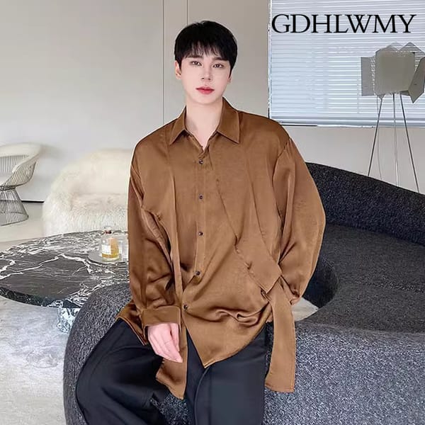 GDHLWMY Autumn irregular ribbon design loose long sleeved men's and women's shirt retro satin pleated shirt