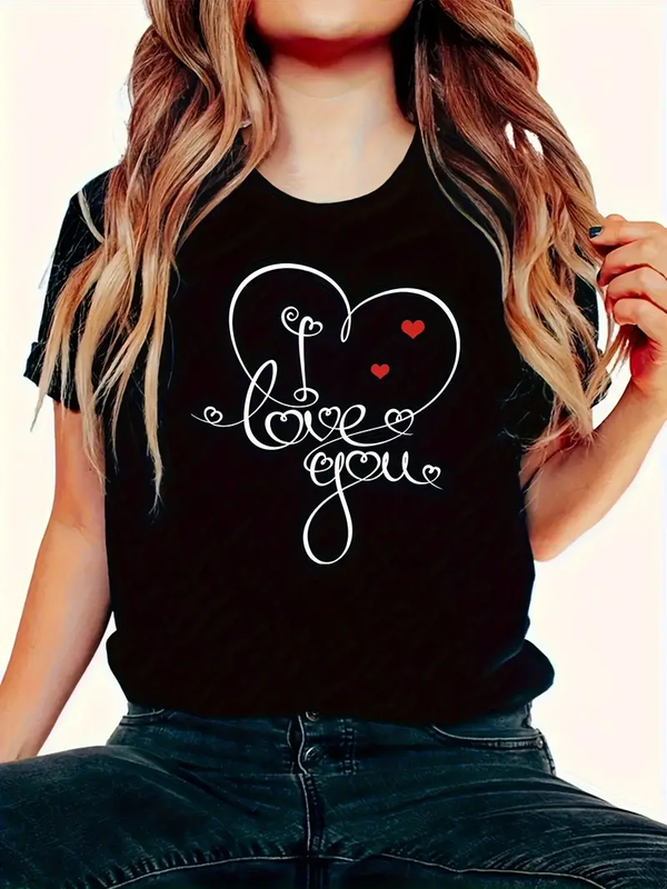 Love You on Valentine's Day Printed Short Sleeved Casual Women's Fashion Women's Pattern T-shirt Women's Printed Summer T-shirt