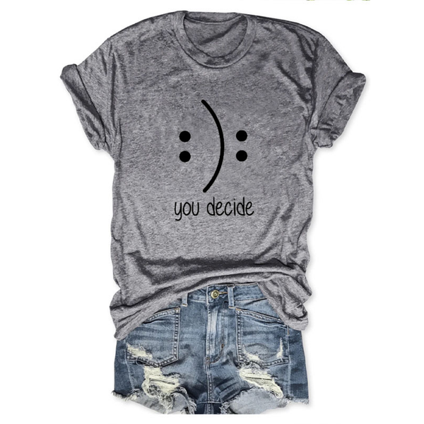 Rheaclots Women's Happy Sad You Decide Print O-Neck Short Sleeve T-Shirt