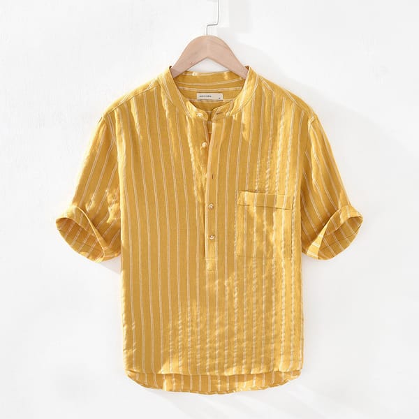 2024 Men's Cotton and Linen Stripes Short-Sleeved Shirt Summer Loose Thin Stand Collar Pullover Shirt