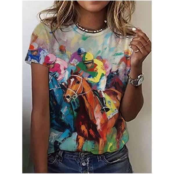 Women's T-Shirt Colorful Horseback Riding Harajuku Round Neck Short Sleeved Top Fashionable Trend Plus Size Women's Clothing