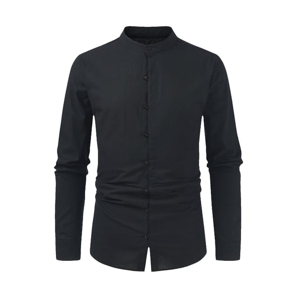 Men'S Stand Collar Shirts Fashion Trend Retro Long Sleeve Shirts Spring Summer Solid Color Cotton Linen Button Fitting Shirts