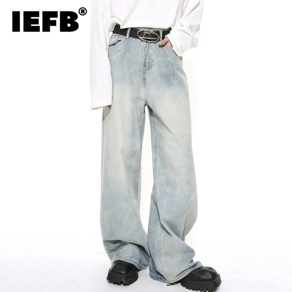 IEFB Washed Male Jeans Korean Fashion Worn Out Gradient Color Men's Denim Straight Pants Men Wide Leg Trousers Spring New 9C4502