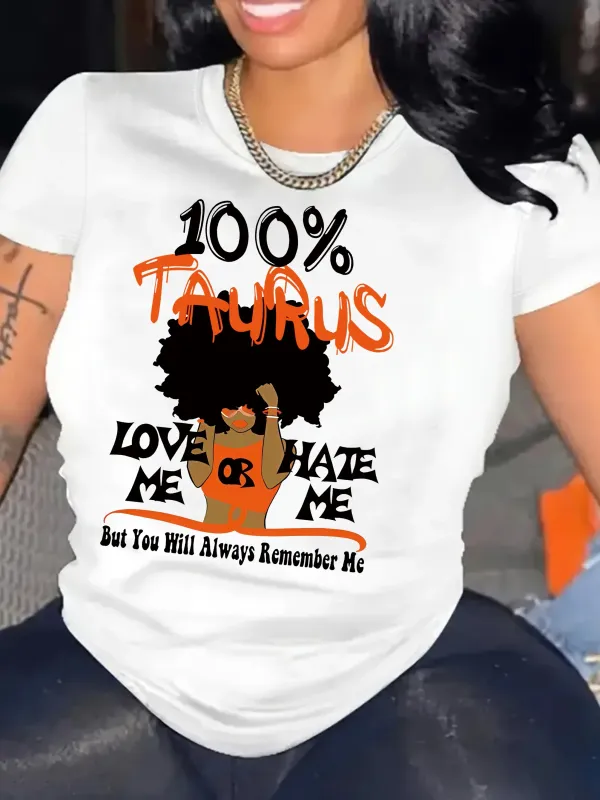 Casual Top For Summer & Spring, Women's Clothing Taurus Print T-shirt, Short Sleeve Crew Neck