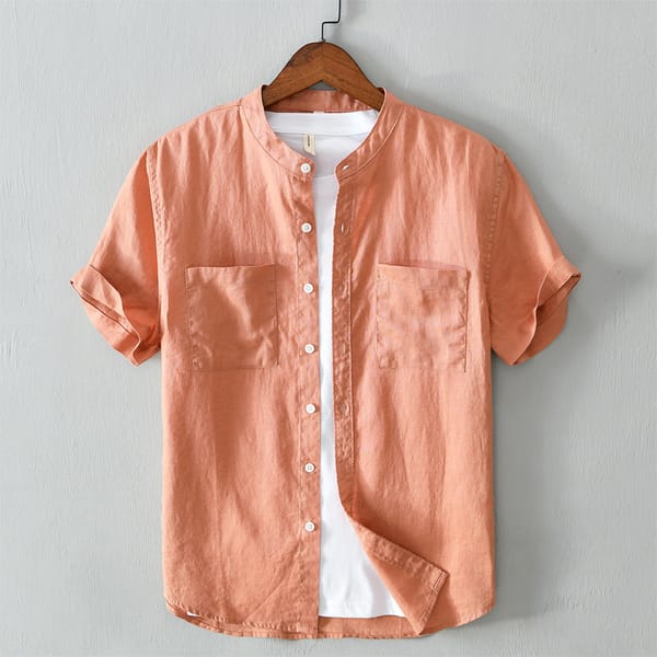 2024 Men's New Linen Pocket Casual Short-Sleeved Shirt Youth Stand Collar Loose Breathable Shirt
