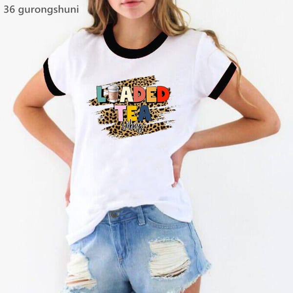 Leopard Loaded Tea Graphic Print Tshirt Women'S Clothing Funny Autumn T Shirt Femme Fashion Coffee T-Shirt Female Streetwear