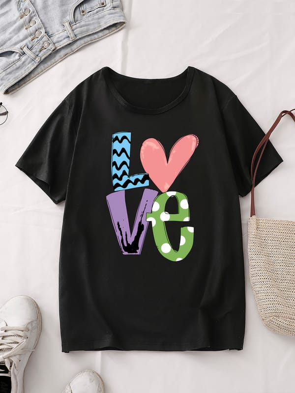 Love Letter Print Casual T-Shirt, Round Neck Short Sleeves Versatile Tee, Women's Sports Tops