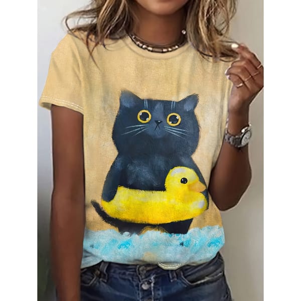 Women's T-Shirt Cute Animal Print Harajuku Comfortable Round Neck Short Sleeved Top Fashion Trend Plus Size Women's Clothing