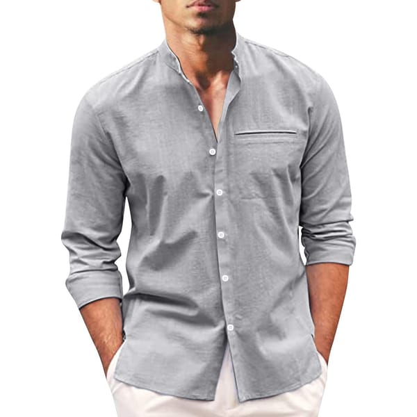 Men'S Standing Collar Shirts Summer Causal Fashion Long Sleeved Shirts Button Cotton Linen Solid Color Loose Exquisite Shirts