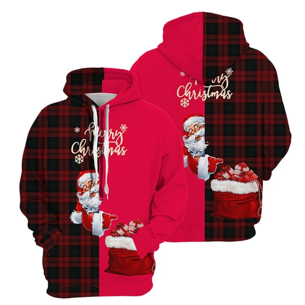 2023 Warm Men's Christmas Hoodie Crew Neck Pullover Long-sleeved Santa Claus Plaid Printed Top Unisex Pullover Hooded Sweatshirt