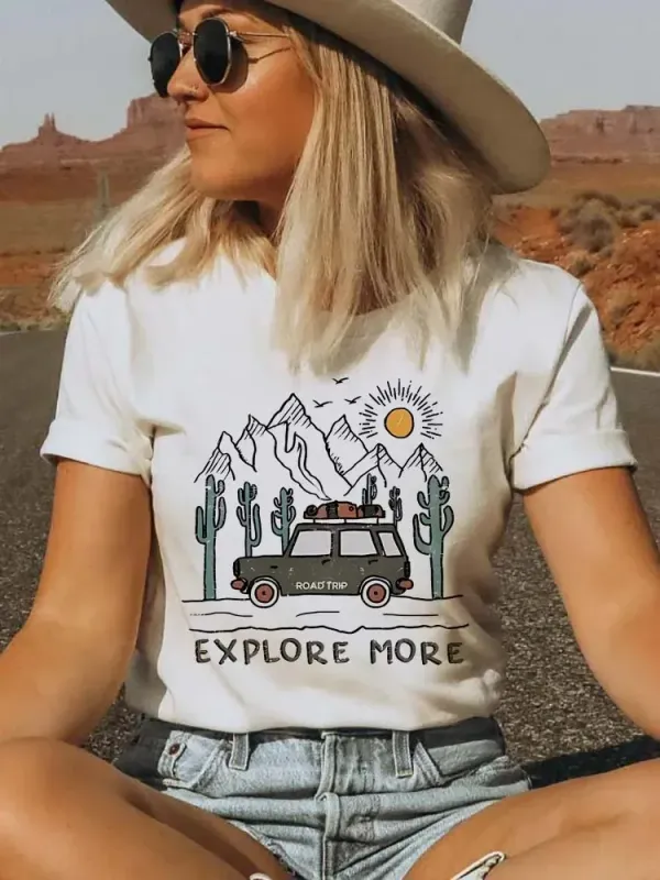 Short Sleeved Fashion Round Neck T-Shirt For Women's Road Trip Explorer Printed Pattern T-Shirt Printed Top Basic Casual T-Shirt