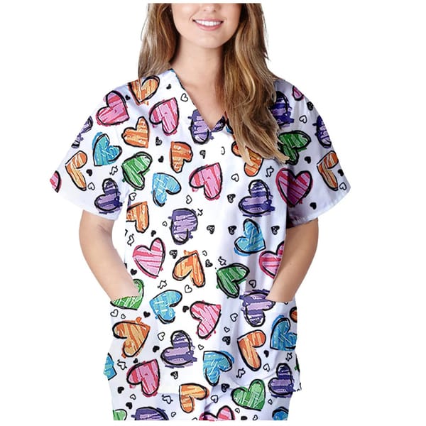 Love Womens T-Shirts Medical Nursing Uniform Stretch Artoon Print V-Neck Short Sleeve T Shirt Tops With Pocket Women's Workwear