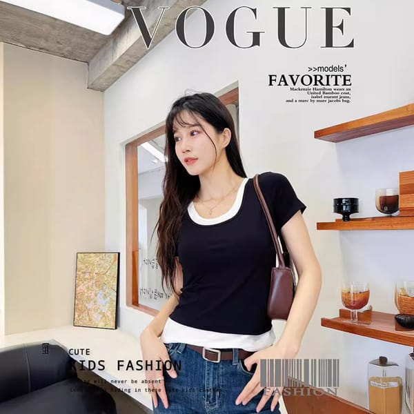 2024 New Summer Korean Small U-Neck Fashion Women's Slim Fit Short Soft Cotton Contrast Versatile T-Shirt Fake Two Piece Top