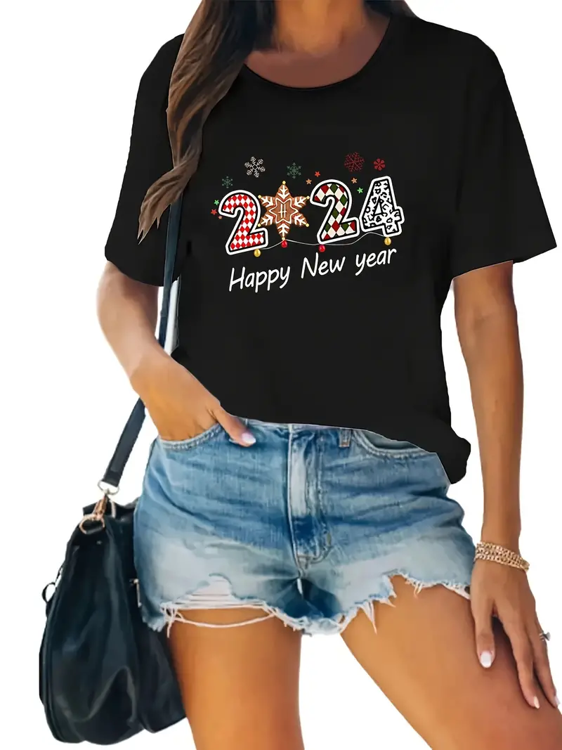 2024 Christmas Element Women's T-shirt Summer Fashion Short sleeved T-shirt Top Print O-neck Casual T-shirt Women's Clothing