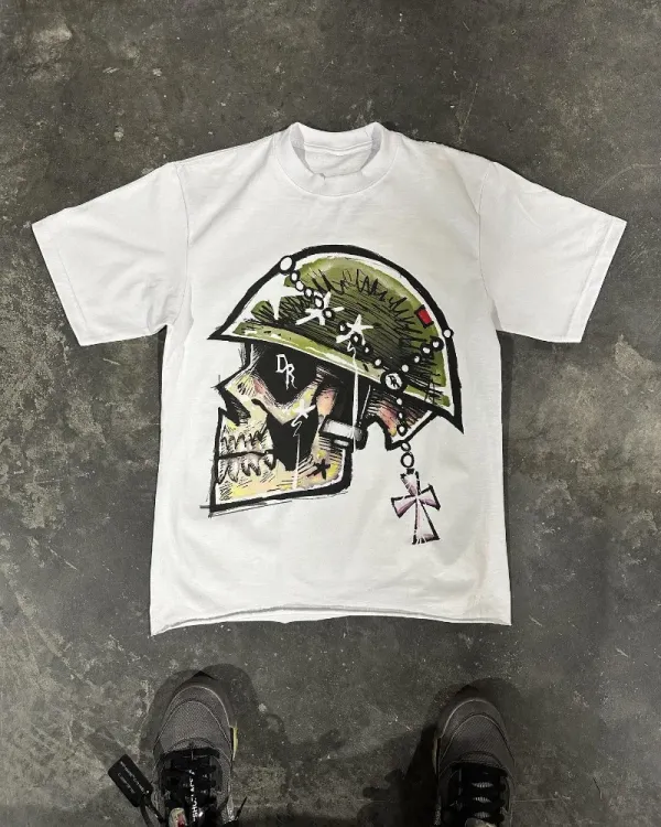 y2k High Street Casual Skull Bone Letter Print Pattern Oversized T-Shirt Women's Punk Retro Loose Round Neck Short Sleeve Top