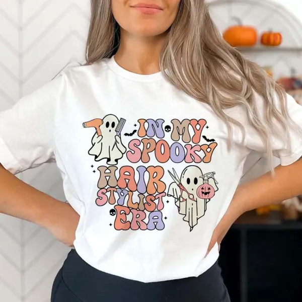 Retro In My Spooky Hair Stylist Era Pattern T-Shirt Women's Fashion Short Sleeved T-Shirt Top Casual Clothing Printed T-Shirt