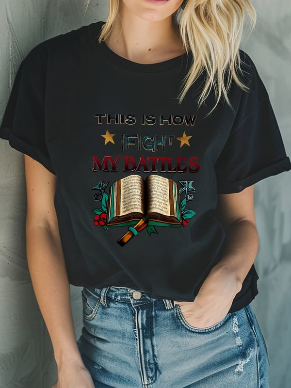 Book Print Crew Neck T-shirt, Short Sleeve Casual Top For Summer & Spring, Women's Clothing
