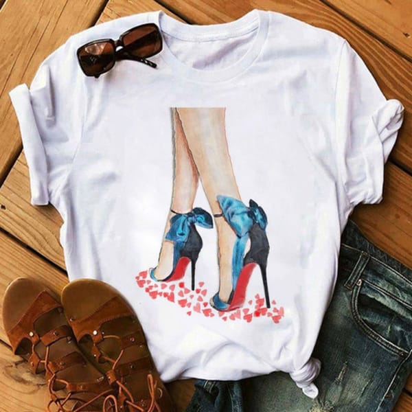 New spring/summer women's short-sleeved T-shirt Fashion red high-heel printed T-shirt