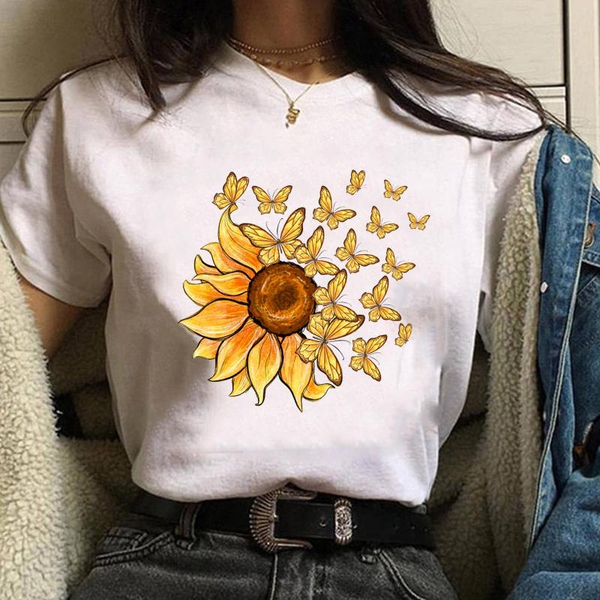 Women's Fashion Classic Sunflower Butterfly Pattern Printed T-Shirt Casual Outdoor Cool Round Neck Short Sleeve T-Shirt Top