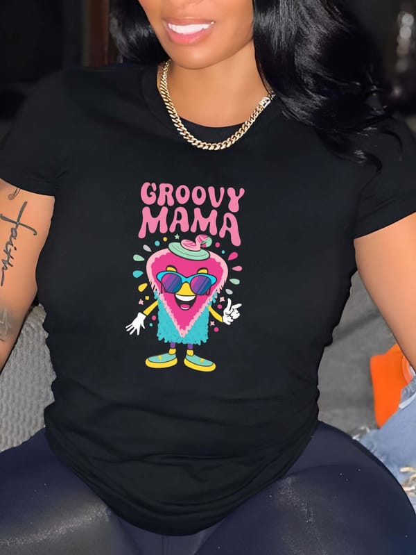 Groovy Mama Print Crew Neck T-Shirt, Casual Short Sleeve T-Shirt For Spring & Summer, Women's Clothing
