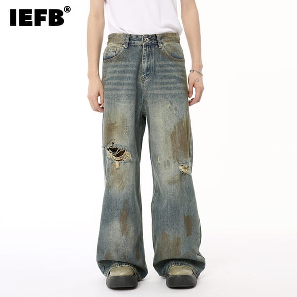 IEFB New Summer Male Denim Pants Worn-out Hole Contrast Color Straight Wide Leg Casual Men's Denim Pants High Street 2024 9C6605
