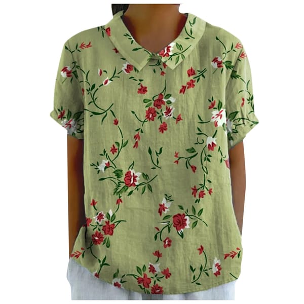 Women's Summer Elegant Linen Shirt Flip Collar Flower Print Top Pullover Vintage Casual Shirt T-shirt Top Short Sleeved Shirts