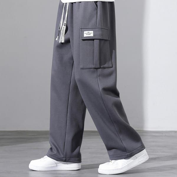 Solid Color Sweatpants Men's Drawstring Elastic Waist Sport Trousers with Multi Pockets for Daily Wear Loose Fit for Fall