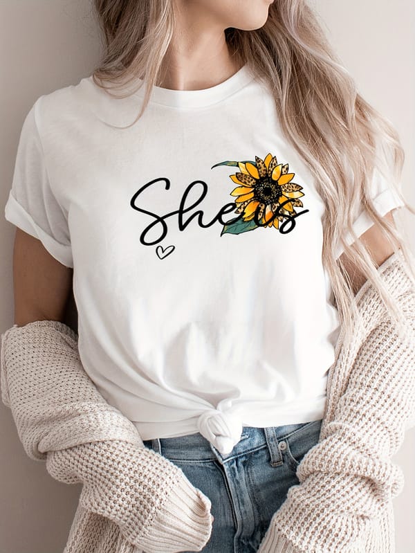 Floral Print Crew Neck T-shirt, Casual Short Sleeve Top For Spring & Summer, Women's Clothing