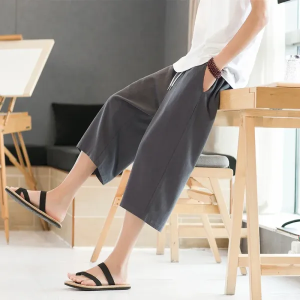 Summer Casual Pants Men's Versatile Cotton Linen Loose Pants Breathable Sweat Absorbing Capris Straight Leg Pants
